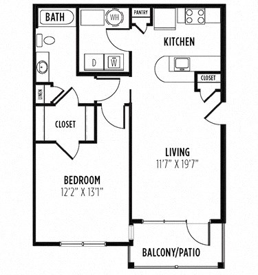 Floor plan for 1 bed, 1 bath, 837 sqft